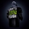 Black hoodie showing from back side with Unilite motto 'Lights Built Tough' imprinted.